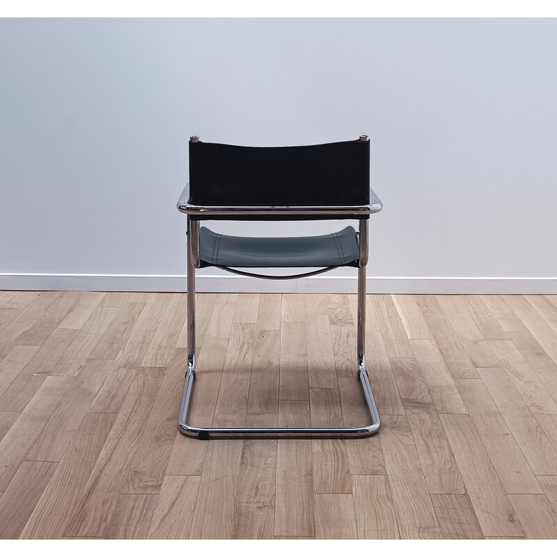 Sedia vintage B34 con seduta e schienale in pelle nera spessa e struttura in alluminio cromato di Marcel Breuer