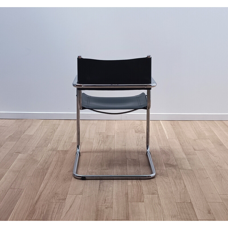 Vintage B34 chair with seating and backrest in thick black leather and chromed aluminum structure by Marcel Breuer