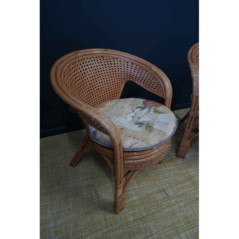 Pair of vintage wicker, rattan and bamboo barrel armchairs, 1960s