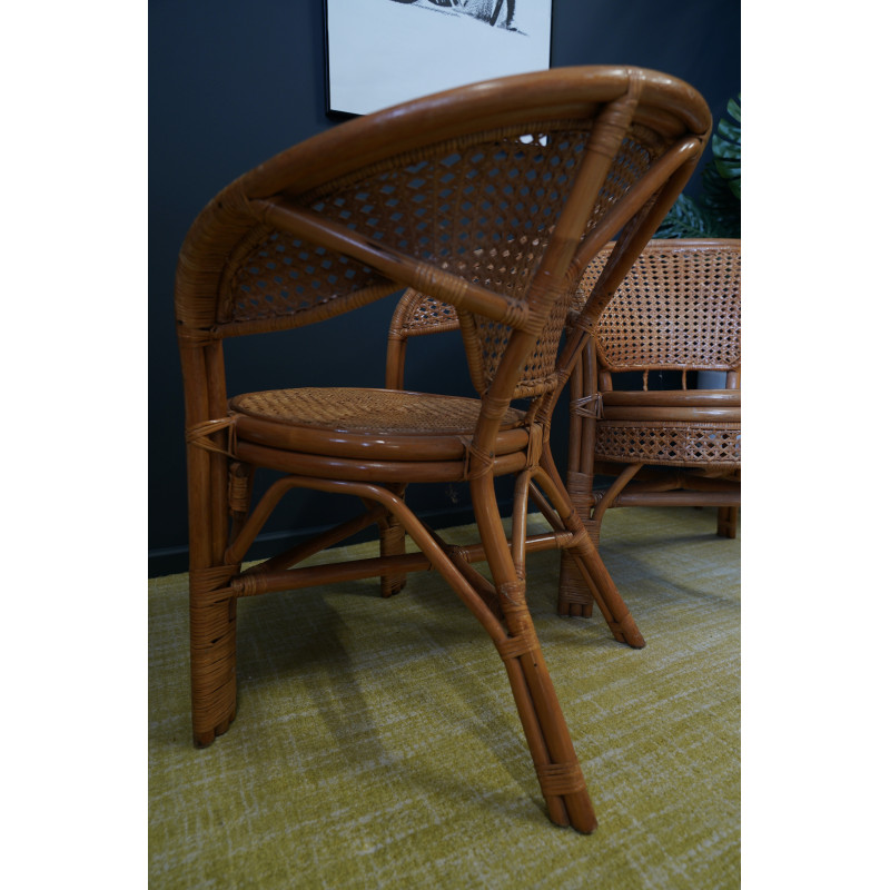 Pair of vintage wicker, rattan and bamboo barrel armchairs, 1960s