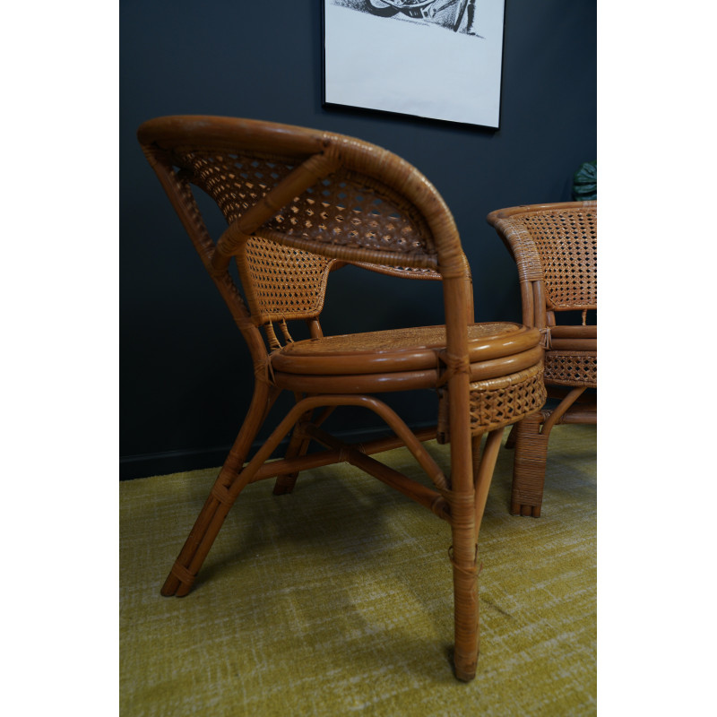 Pair of vintage wicker, rattan and bamboo barrel armchairs, 1960s