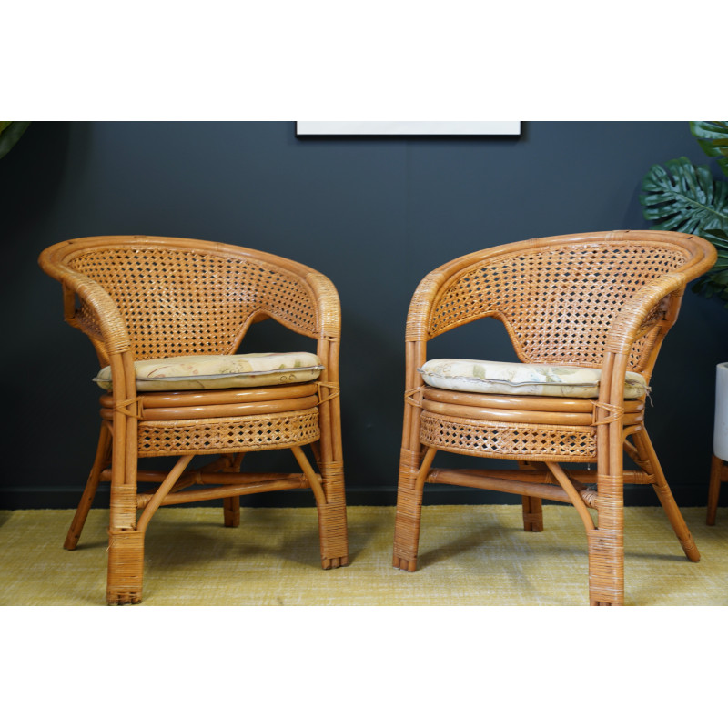 Pair of vintage wicker, rattan and bamboo barrel armchairs, 1960s