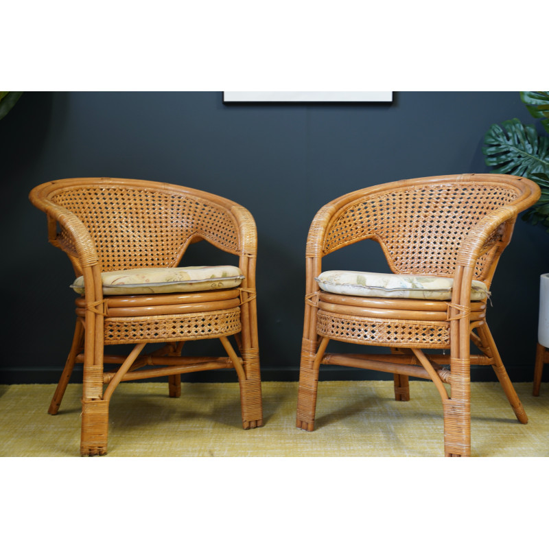 Paire de fauteuils tonneaux vintage en osier, rotin et bambou, 1960