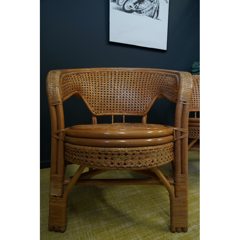 Pair of vintage wicker, rattan and bamboo barrel armchairs, 1960s