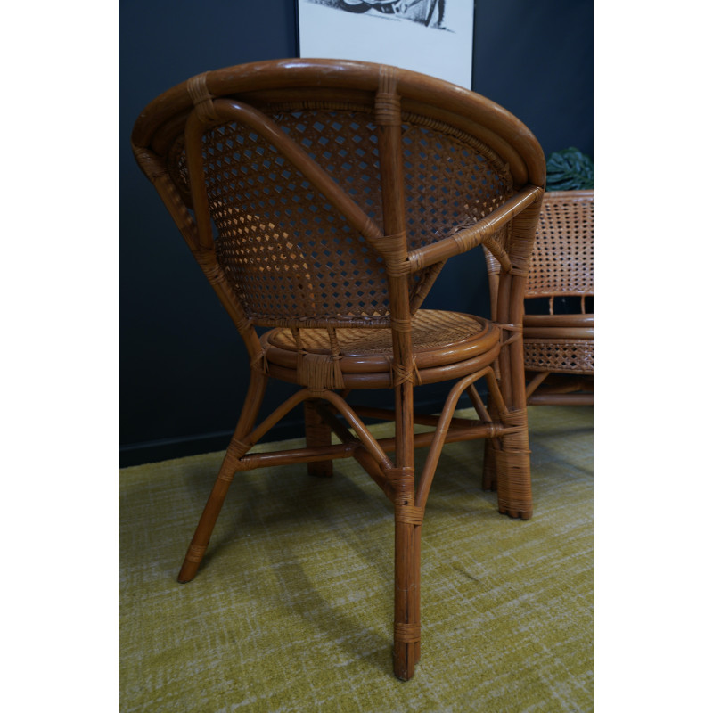 Pair of vintage wicker, rattan and bamboo barrel armchairs, 1960s