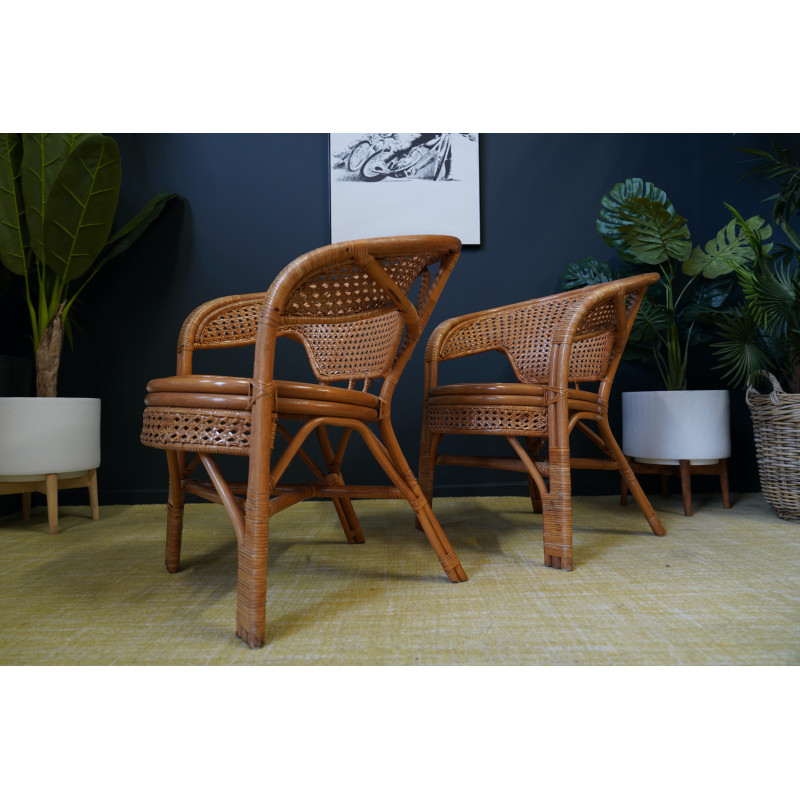 Pair of vintage wicker, rattan and bamboo barrel armchairs, 1960s