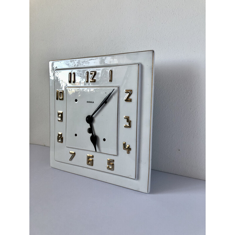 Vintage Art deco Kienzle wall clock with porcelain dial and gold numbers, Germany 1920s