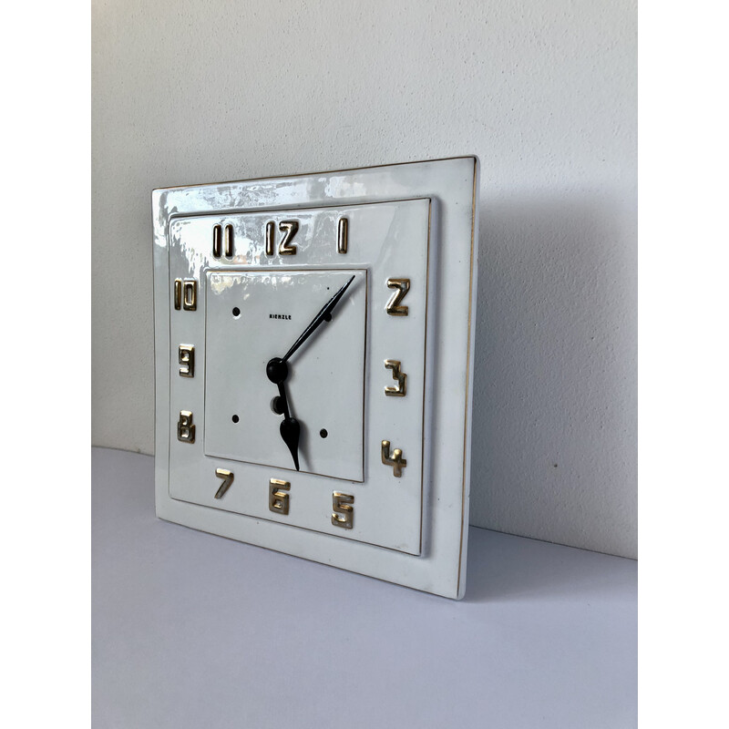 Vintage Art deco Kienzle wandklok met porseleinen wijzerplaat en gouden cijfers, Duitsland 1920