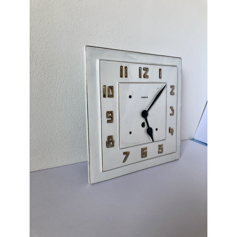 Vintage Art deco Kienzle wall clock with porcelain dial and gold numbers, Germany 1920s