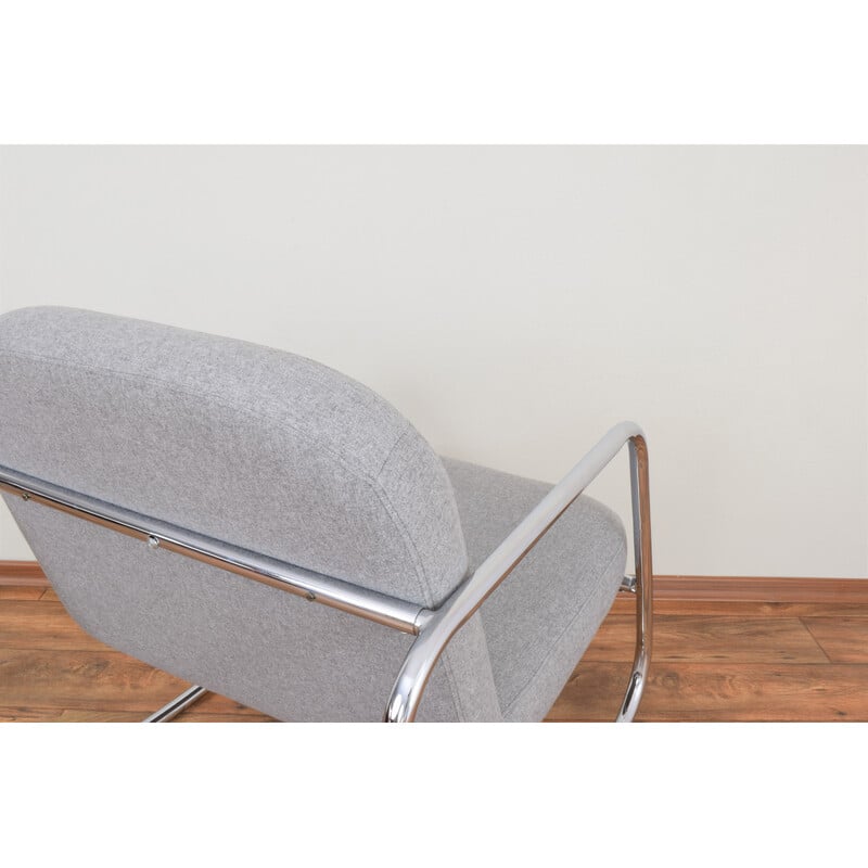 Vintage Bauhaus schommelstoel in metaal en chroom met grijs gestoffeerde zitting en rugleuning, Duitsland 1960