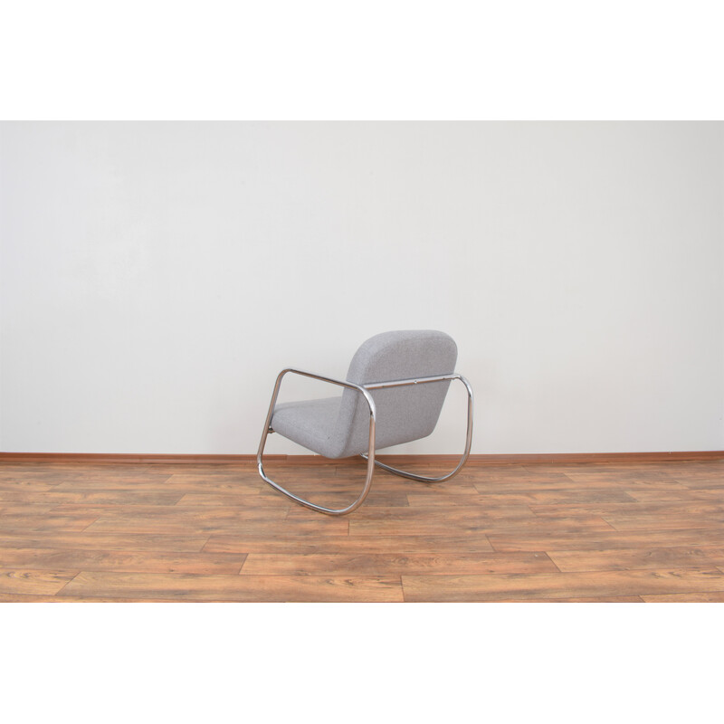 Vintage Bauhaus schommelstoel in metaal en chroom met grijs gestoffeerde zitting en rugleuning, Duitsland 1960