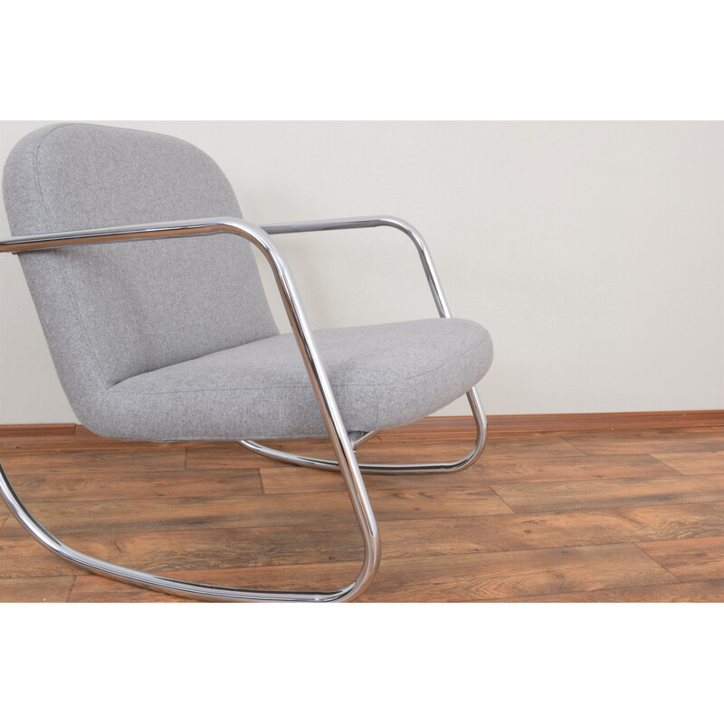 Vintage Bauhaus rocking chair in metal and chrome with Gray upholstered seat and backrest, Germany 1960s