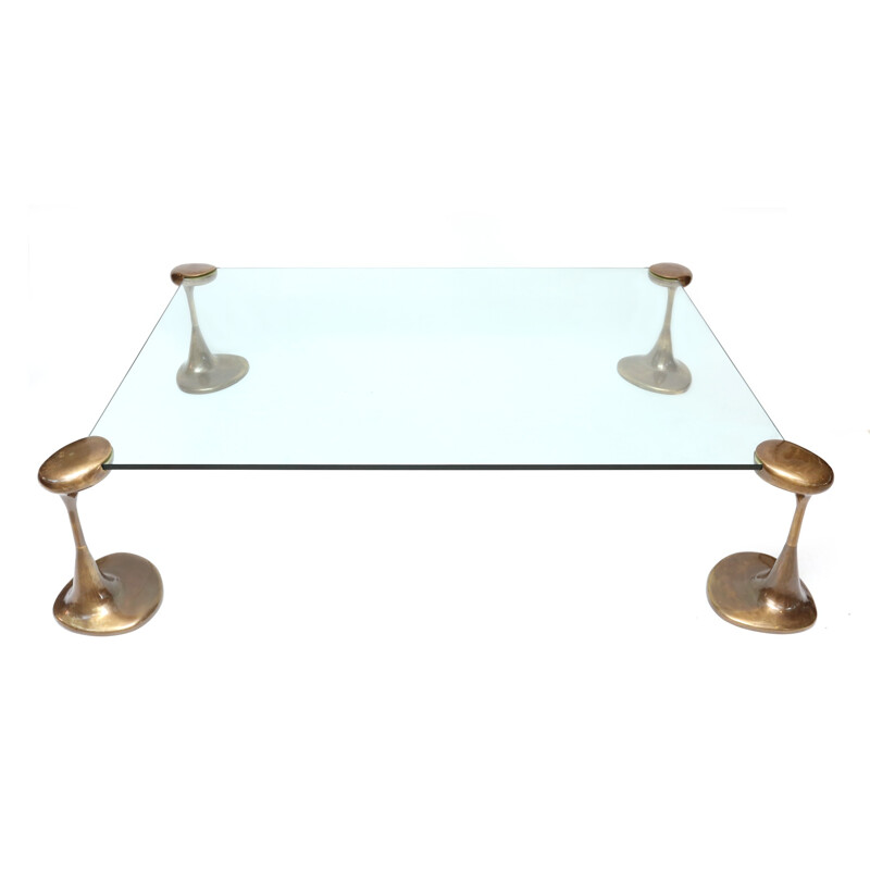 Magnifique table basse en laiton et verre - 1970