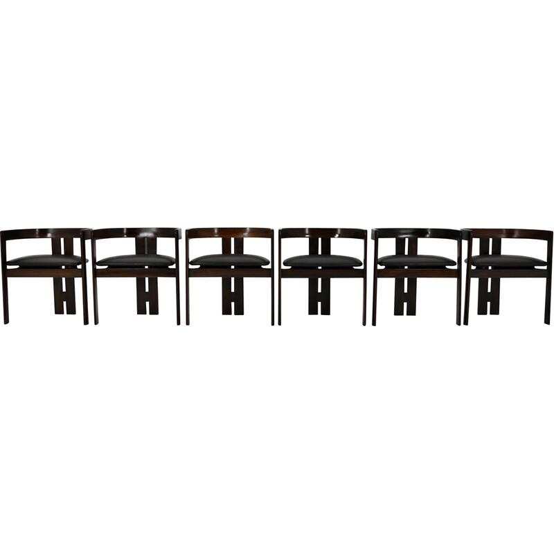 Set of 6 vintage "Pigreco" chairs in wood and leather by Tobia and Afra Scarpa for Gavina, 1960s