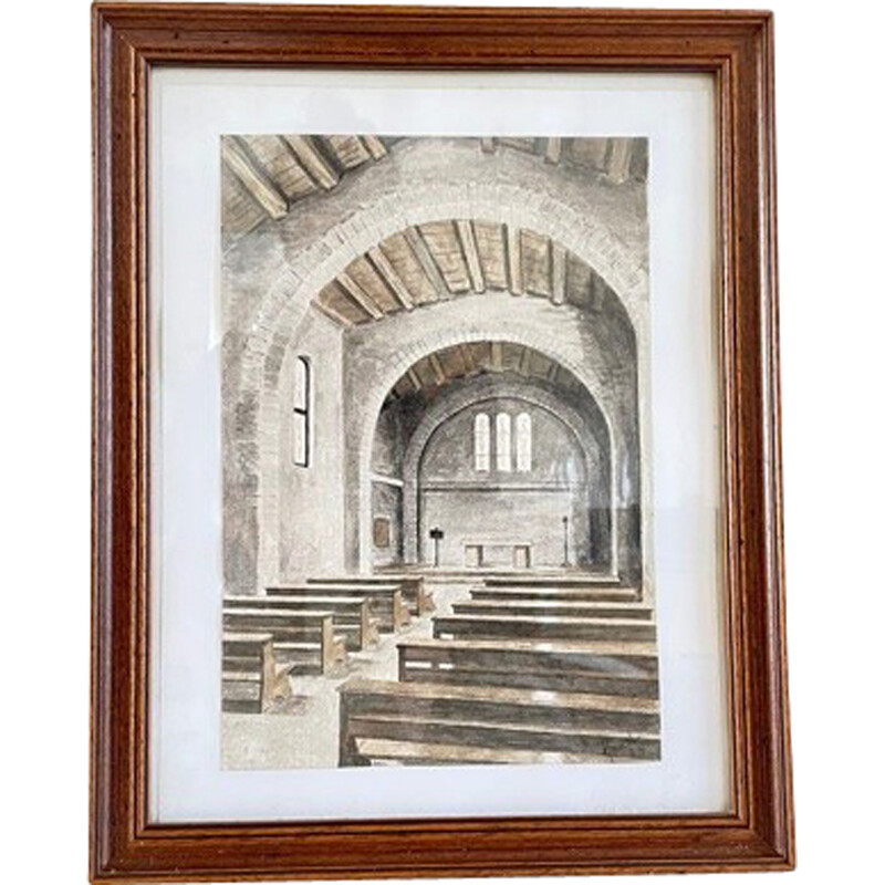 Vintage watercolor painting "inside a chapel", 1983