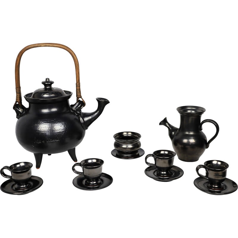 Vintage black ceramic tea set by Jean Marais, 1980