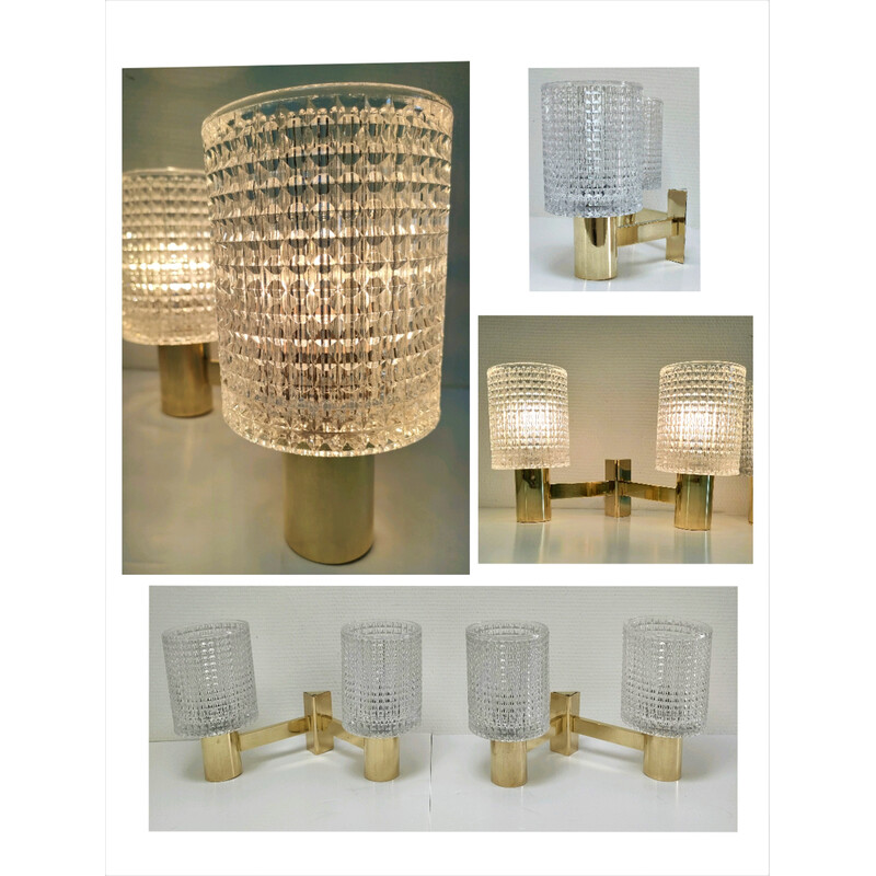 Pair of vintage double wall lamps in crystal and brass by Carl Fagerlund, 1960