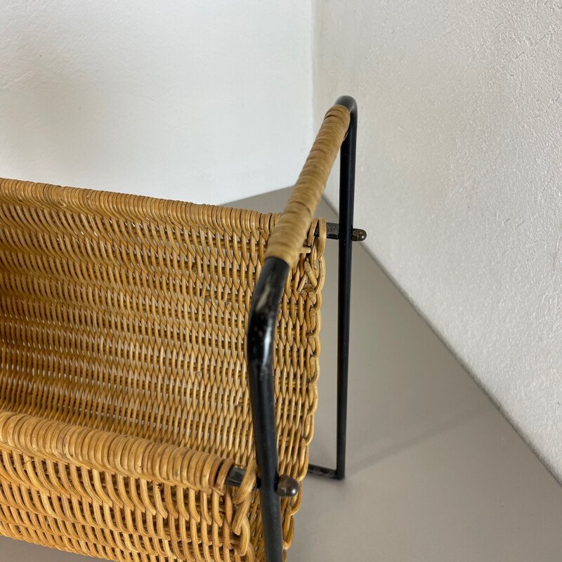 Mid-century rattan Bauhaus magazine rack, France 1970s