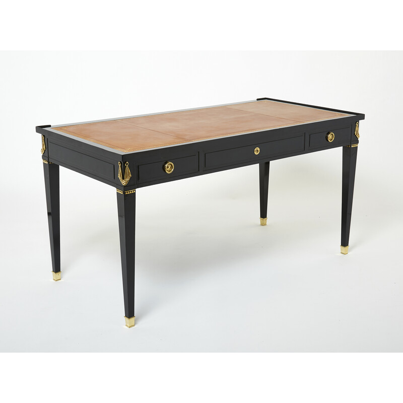 Flacher Vintage-Schreibtisch aus Holz und Leder von Maison Jansen, 1950
