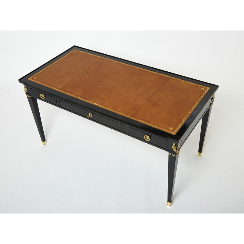 Bureau plat vintage en bois et cuir par la Maison Jansen, 1950