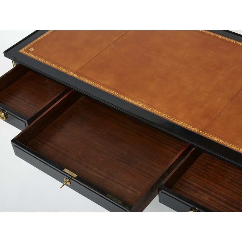 Vintage flat desk in wood and leather by Jansen, 1950