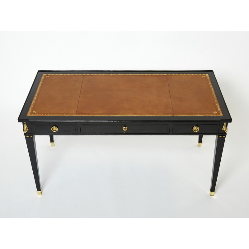Flacher Vintage-Schreibtisch aus Holz und Leder von Maison Jansen, 1950