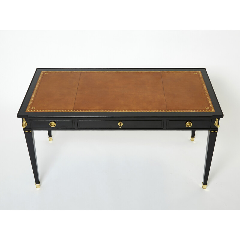 Vintage flat desk in wood and leather by Jansen, 1950