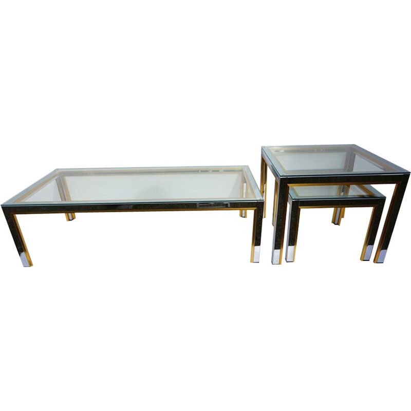 Ensemble de 3 tables basse vintage en métal chromé et doré, 1970