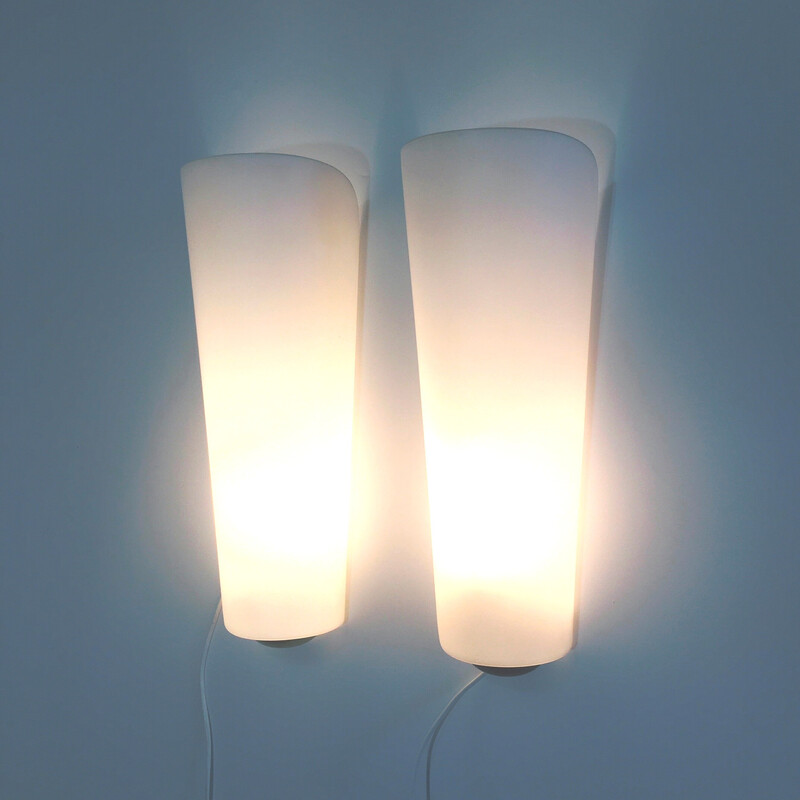 Pair of vintage opal glass wall lamps Majora by Wilhelm Wagenfeld for Peill and Putzler, Germany 1950s