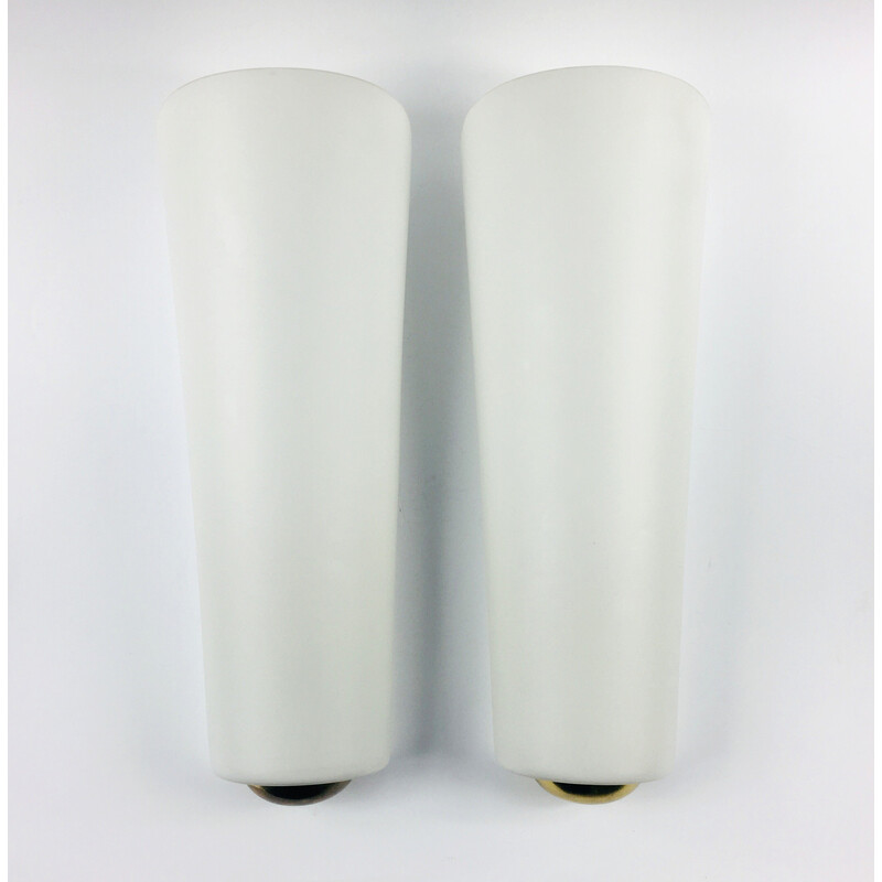 Pair of vintage opal glass wall lamps Majora by Wilhelm Wagenfeld for Peill and Putzler, Germany 1950s