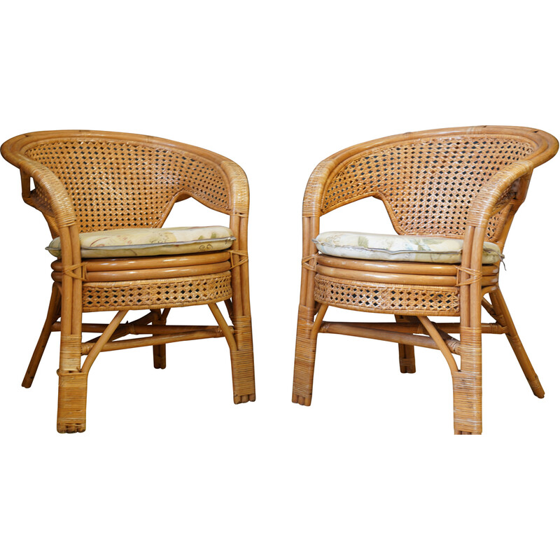 Paar vintage rieten, rotan en bamboe fauteuils, 1960
