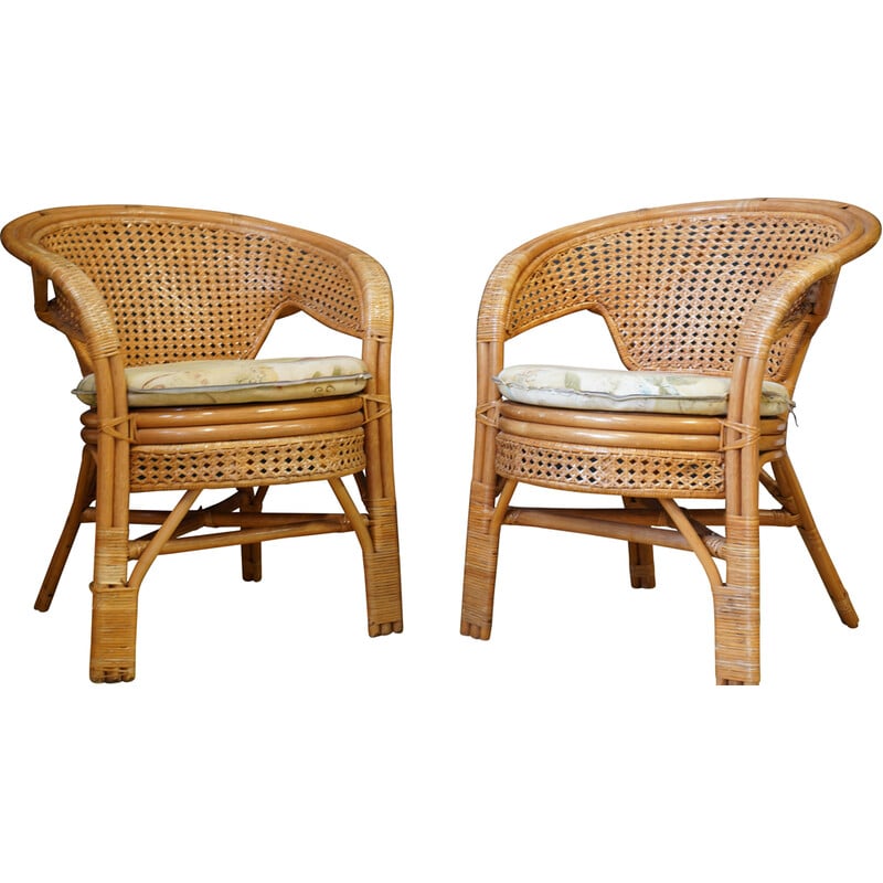 Pair of vintage wicker, rattan and bamboo barrel armchairs, 1960s