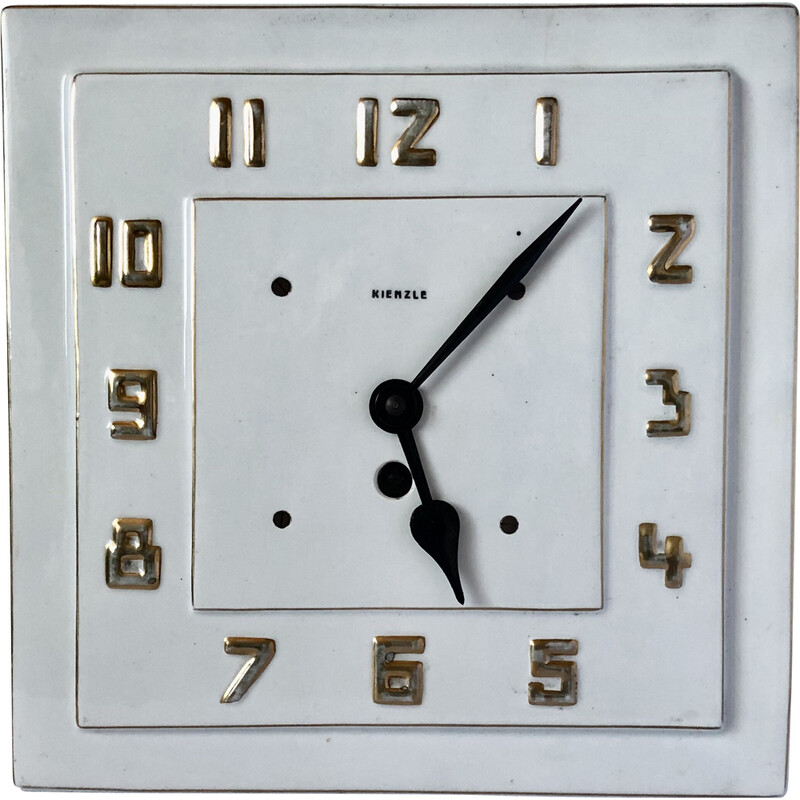 Vintage Art deco Kienzle wall clock with porcelain dial and gold numbers, Germany 1920s