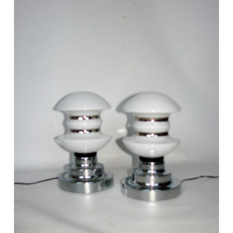 Pair of vintage chrome metal and glass bedside lamps, 1960s