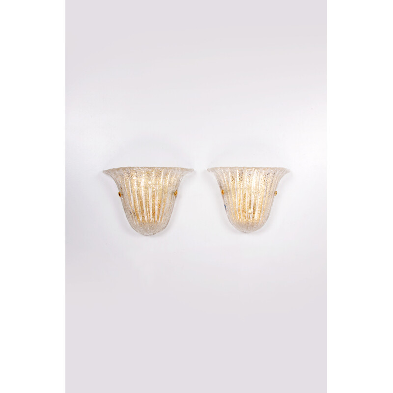 Paar vintage Murano glas en messing wandlampen van Venini, Italië 1970