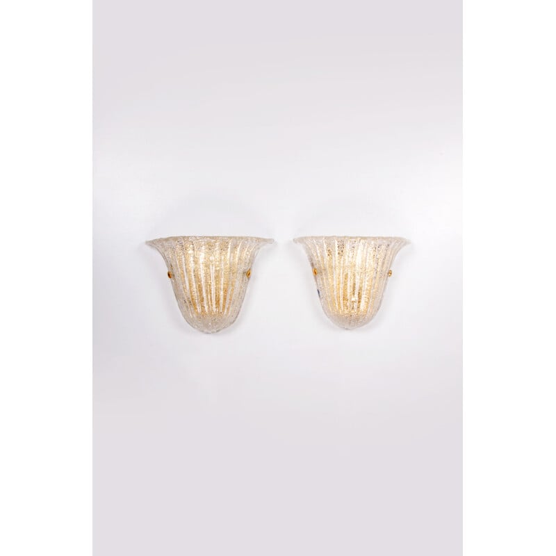 Pair of vintage Murano glass and brass wall lamps by Venini, Italy 1970s