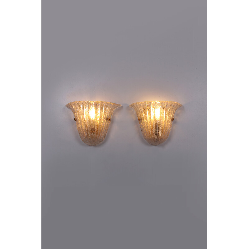 Pair of vintage Murano glass and brass wall lamps by Venini, Italy 1970s