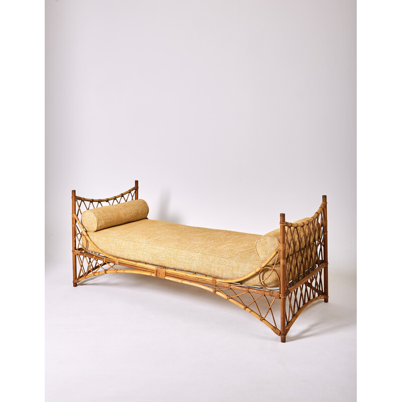 Letto francese vintage in rattan e tessuto, 1960