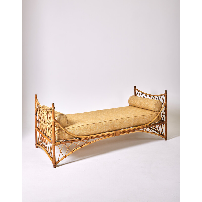 Letto francese vintage in rattan e tessuto, 1960