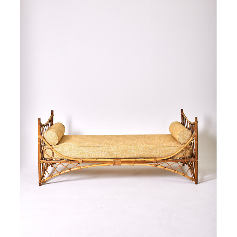 French vintage rattan and fabric daybed, 1960