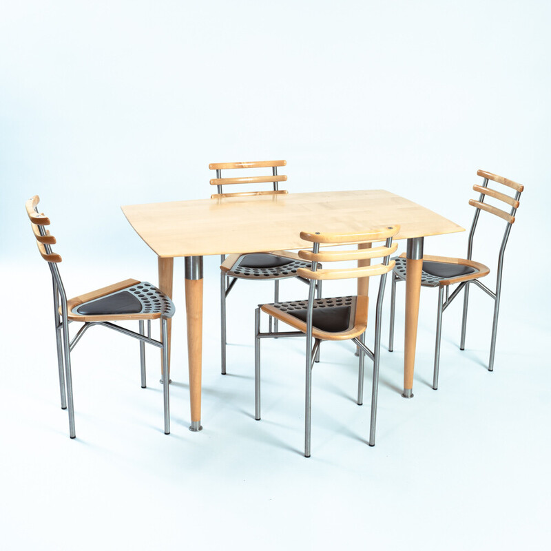 Vintage dining set in birch, steel and leather by Cristian Erker for Zumsteg