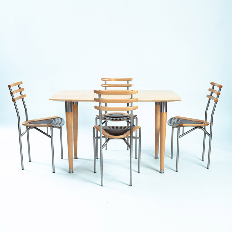 Vintage dining set in birch, steel and leather by Cristian Erker for Zumsteg