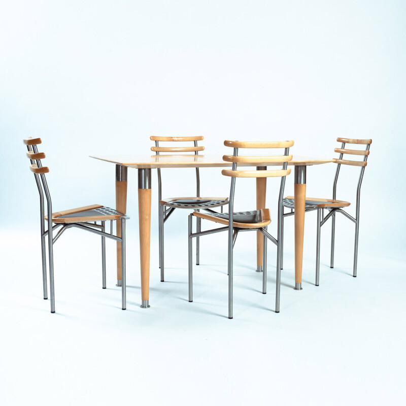 Vintage dining set in birch, steel and leather by Cristian Erker for Zumsteg
