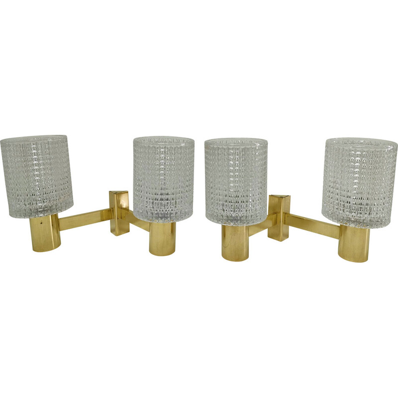 Pair of vintage double wall lamps in crystal and brass by Carl Fagerlund, 1960