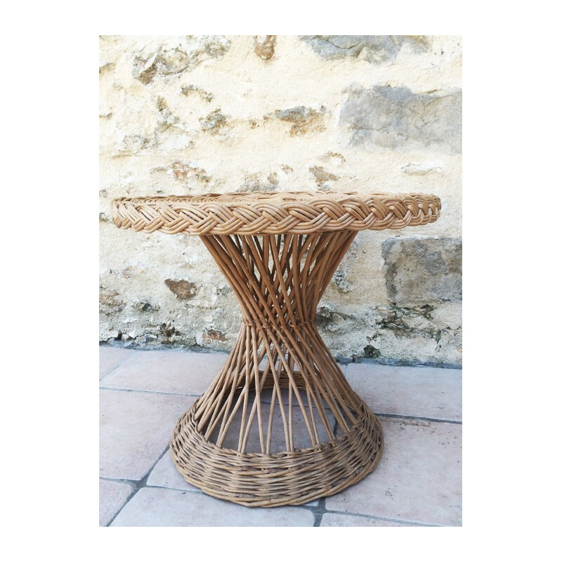 Set of an armchair "diabolo" in rattan with its little coffee table in rattan - 1960s