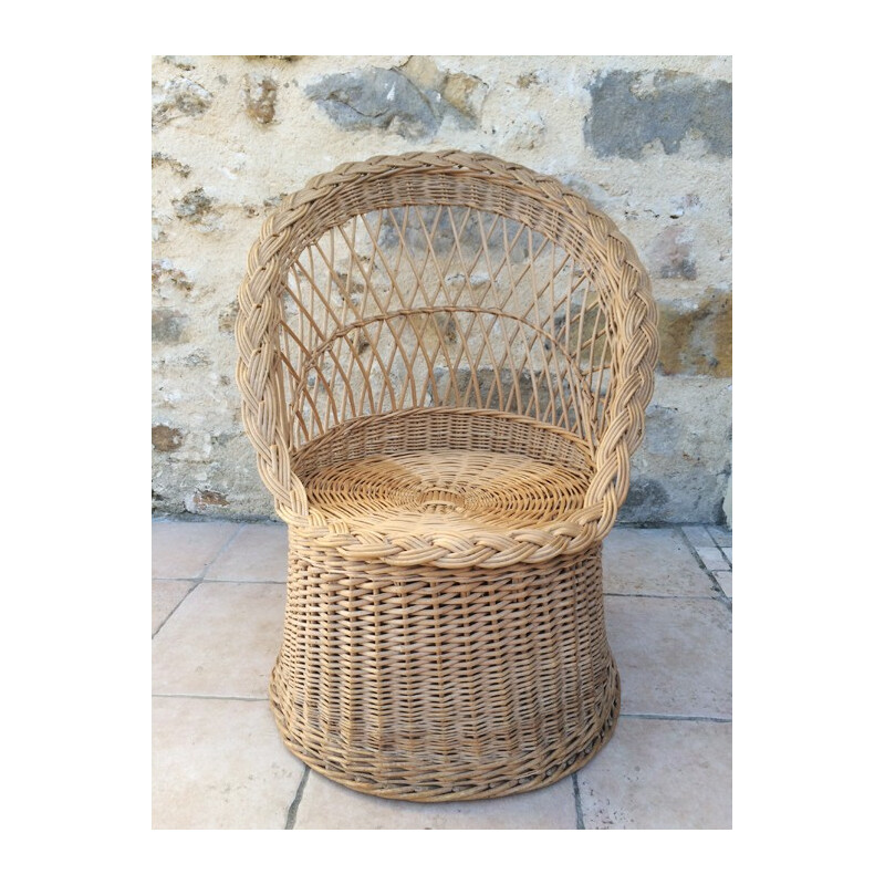 Set of an armchair "diabolo" in rattan with its little coffee table in rattan - 1960s