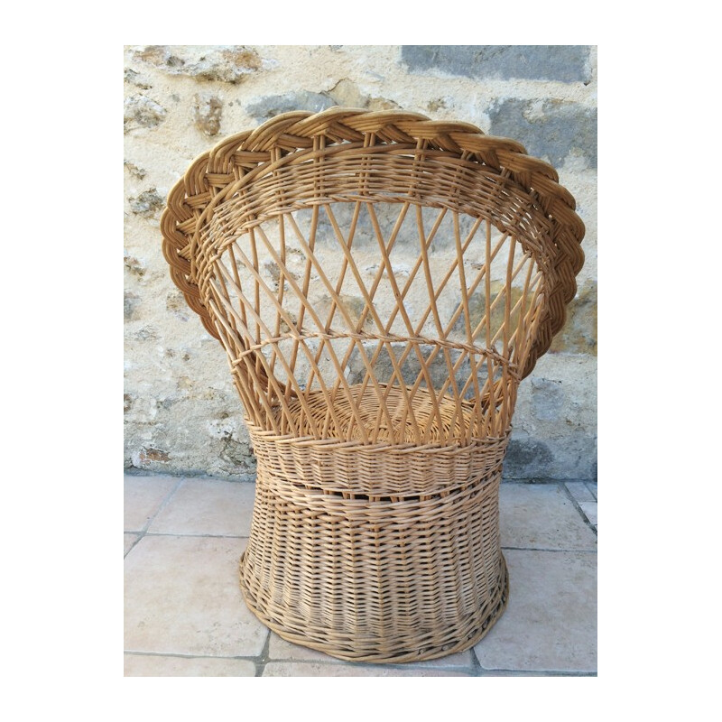 Set of an armchair "diabolo" in rattan with its little coffee table in rattan - 1960s