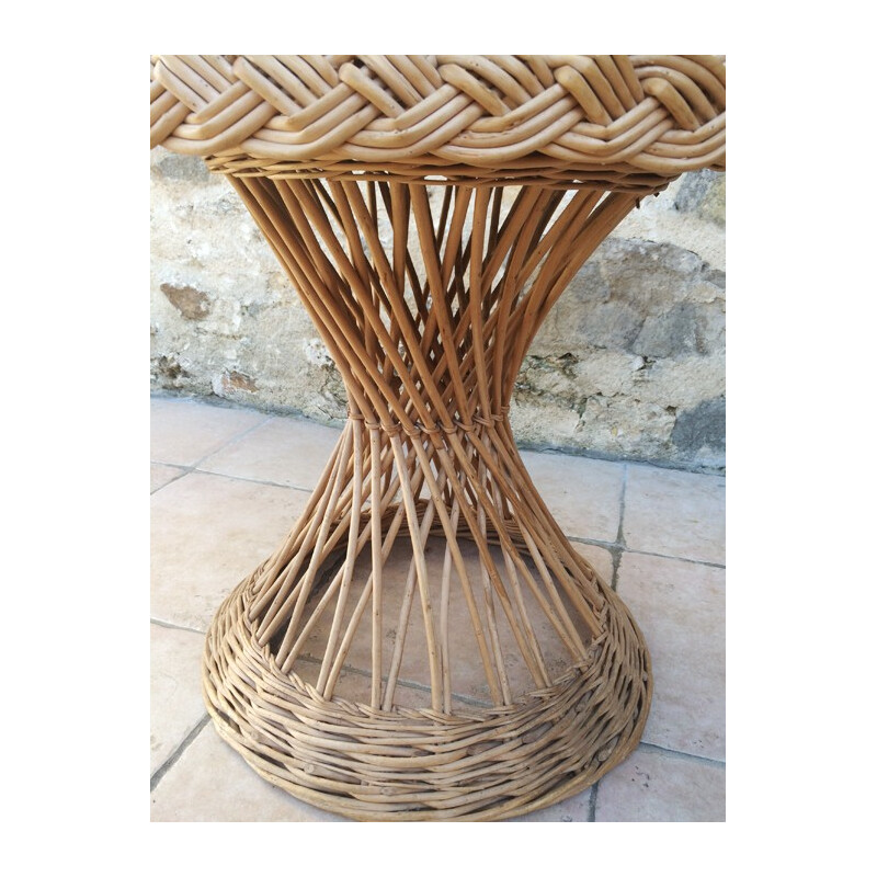 Set of an armchair "diabolo" in rattan with its little coffee table in rattan - 1960s