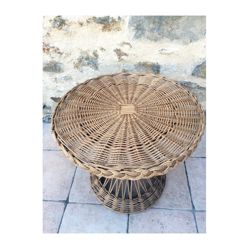 Set of an armchair "diabolo" in rattan with its little coffee table in rattan - 1960s