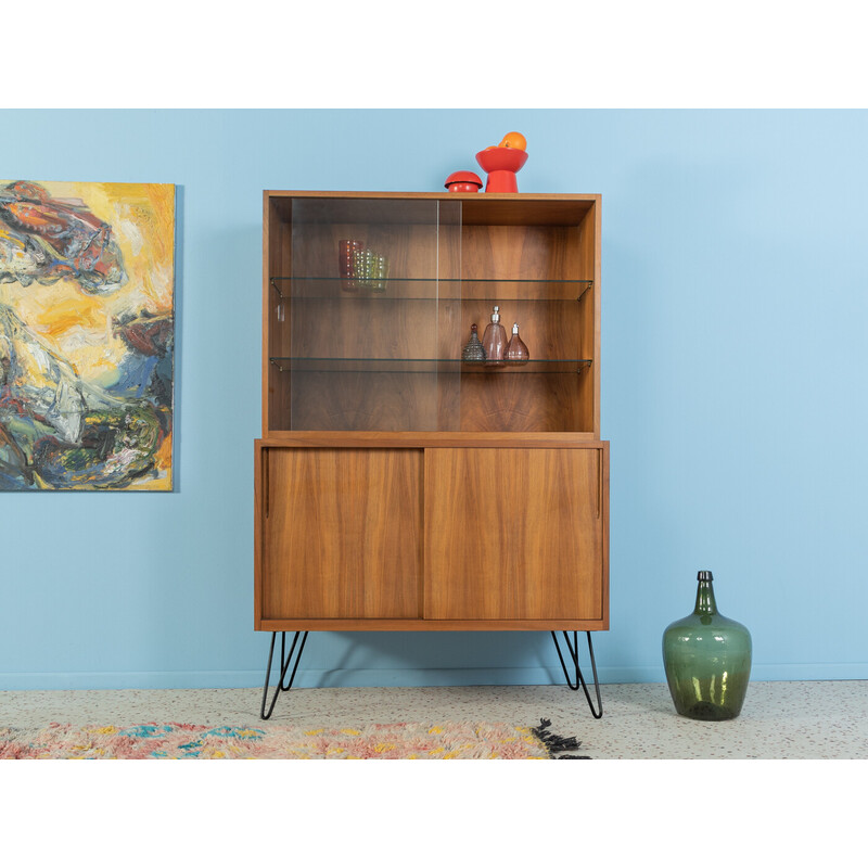 Vintage purist walnut veneer and glass display cabinet, Germany 1950